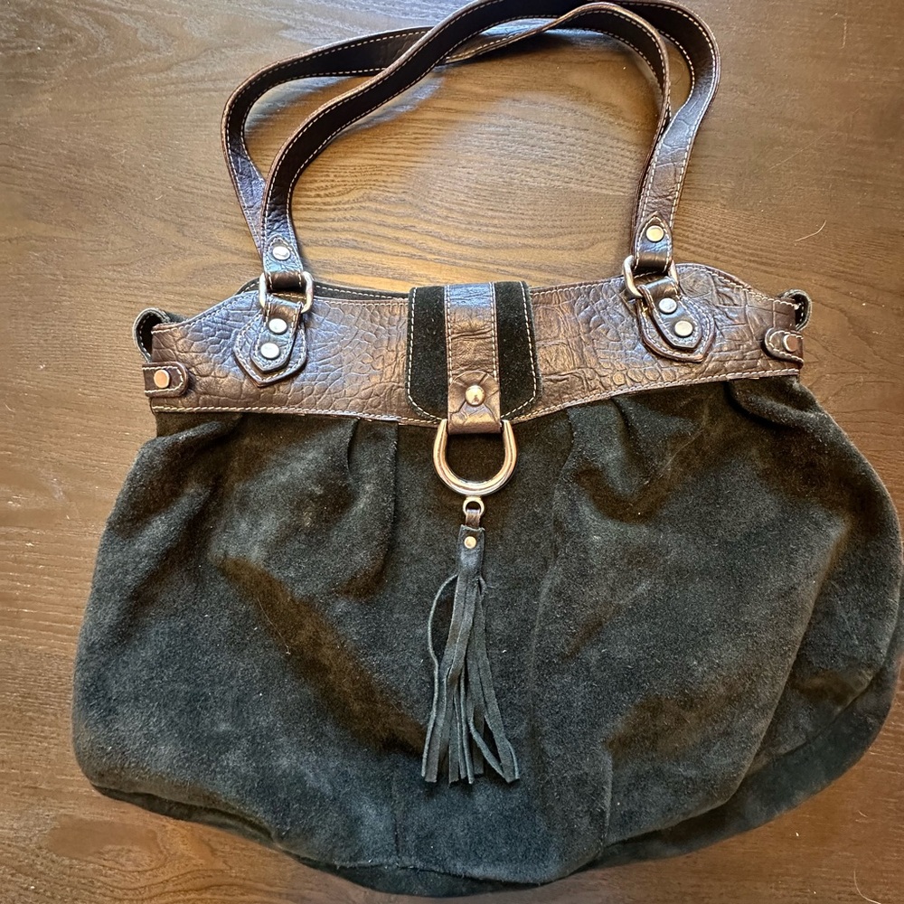 Italian made Black Suede Tote Bag with Brown Trim and Tassel